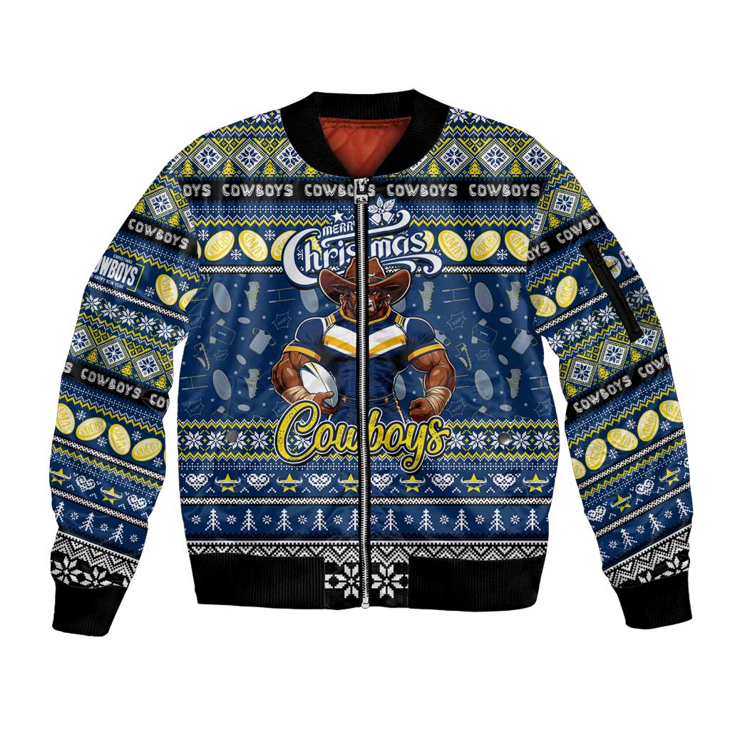 Personalized Cowboys Rugby Xmas Sleeve Zip Bomber Jacket Australia NRL Mascot