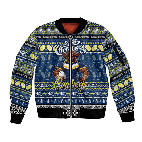Personalized Cowboys Rugby Xmas Sleeve Zip Bomber Jacket Australia NRL Mascot