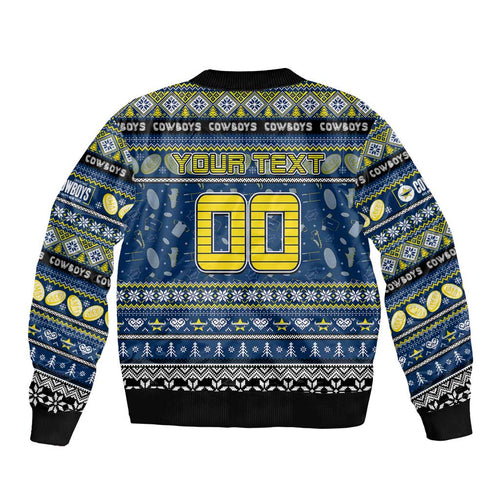 Personalized Cowboys Rugby Xmas Sleeve Zip Bomber Jacket Australia NRL Mascot