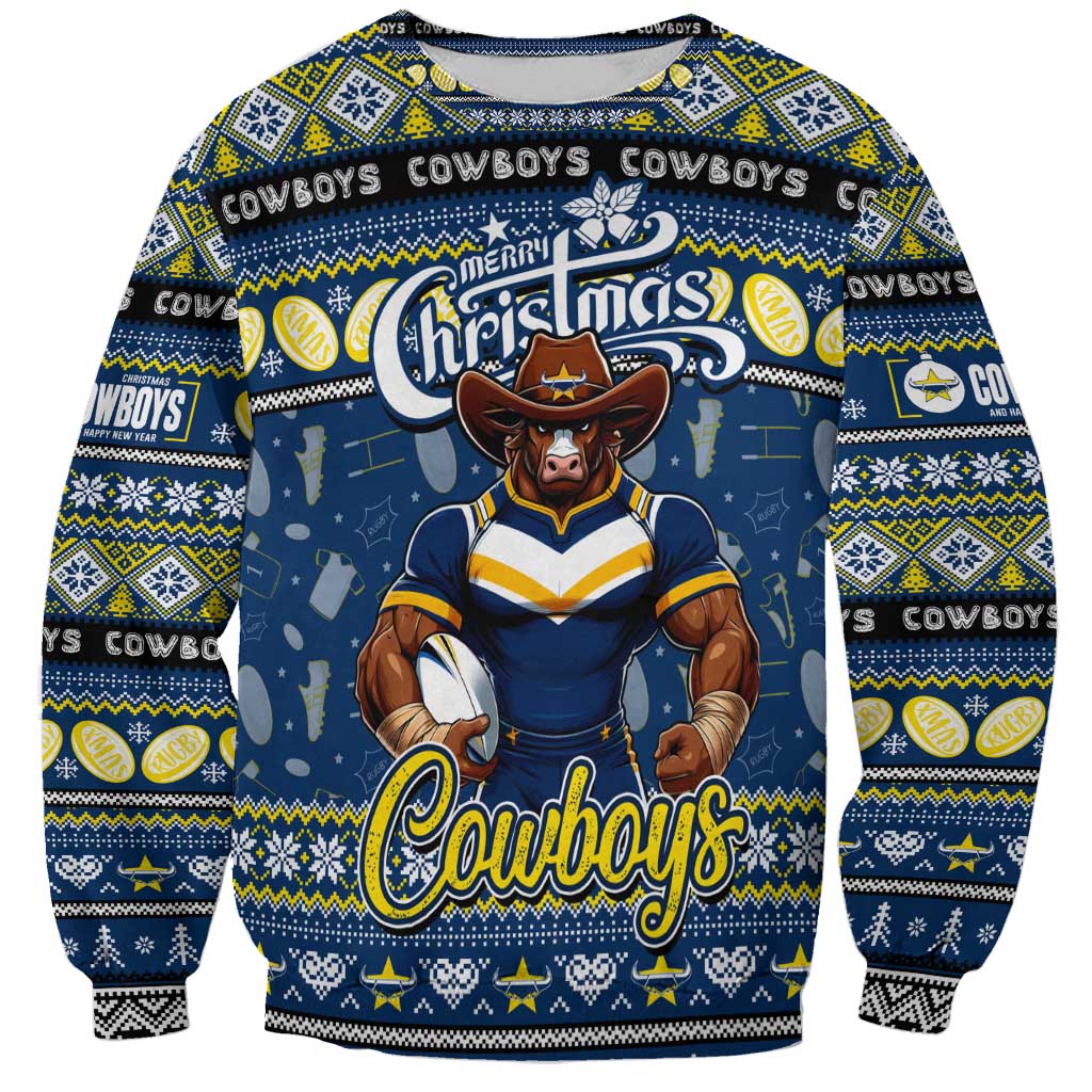 Personalized Cowboys Rugby Xmas Sweatshirt Australia NRL Mascot