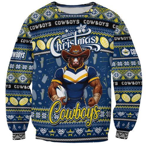 Personalized Cowboys Rugby Xmas Sweatshirt Australia NRL Mascot
