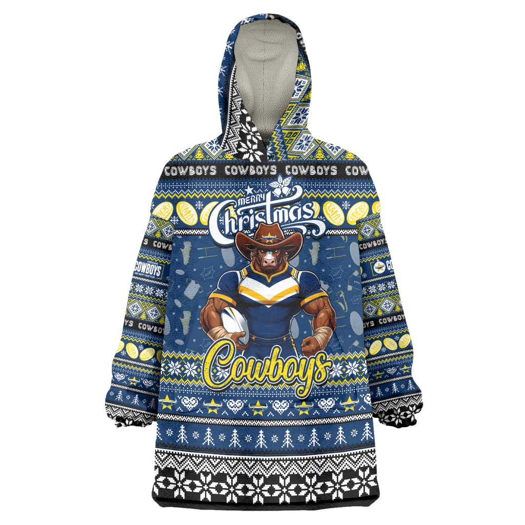 Personalized Cowboys Rugby Xmas Wearable Blanket Hoodie Australia NRL Mascot