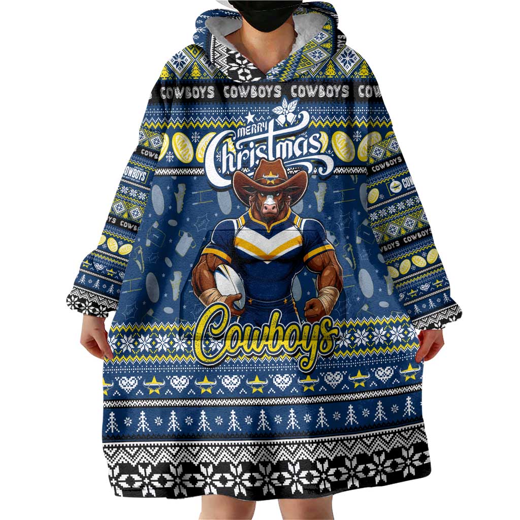 Personalized Cowboys Rugby Xmas Wearable Blanket Hoodie Australia NRL Mascot