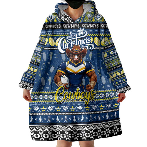 Personalized Cowboys Rugby Xmas Wearable Blanket Hoodie Australia NRL Mascot