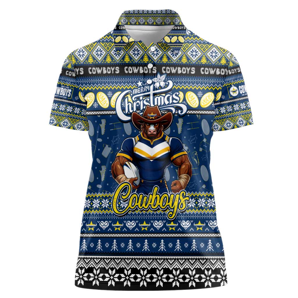 Personalized Cowboys Rugby Xmas Women Polo Shirt Australia NRL Mascot