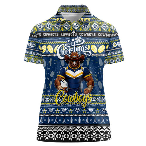 Personalized Cowboys Rugby Xmas Women Polo Shirt Australia NRL Mascot