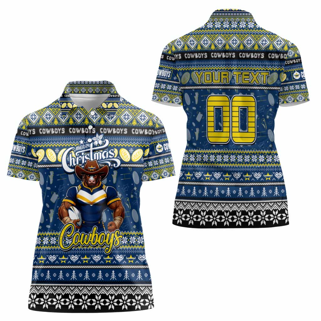 Personalized Cowboys Rugby Xmas Women Polo Shirt Australia NRL Mascot