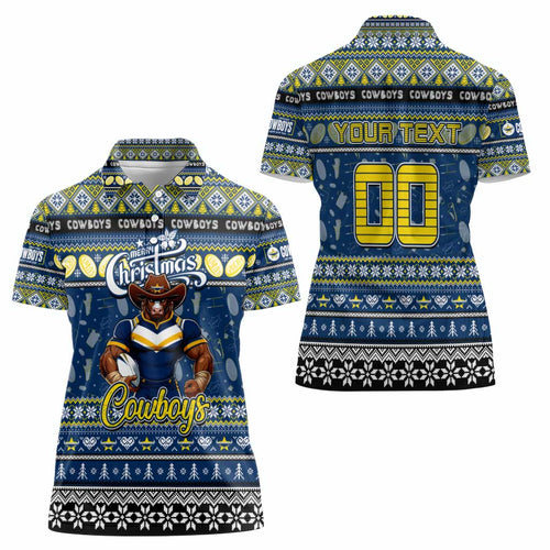 Personalized Cowboys Rugby Xmas Women Polo Shirt Australia NRL Mascot