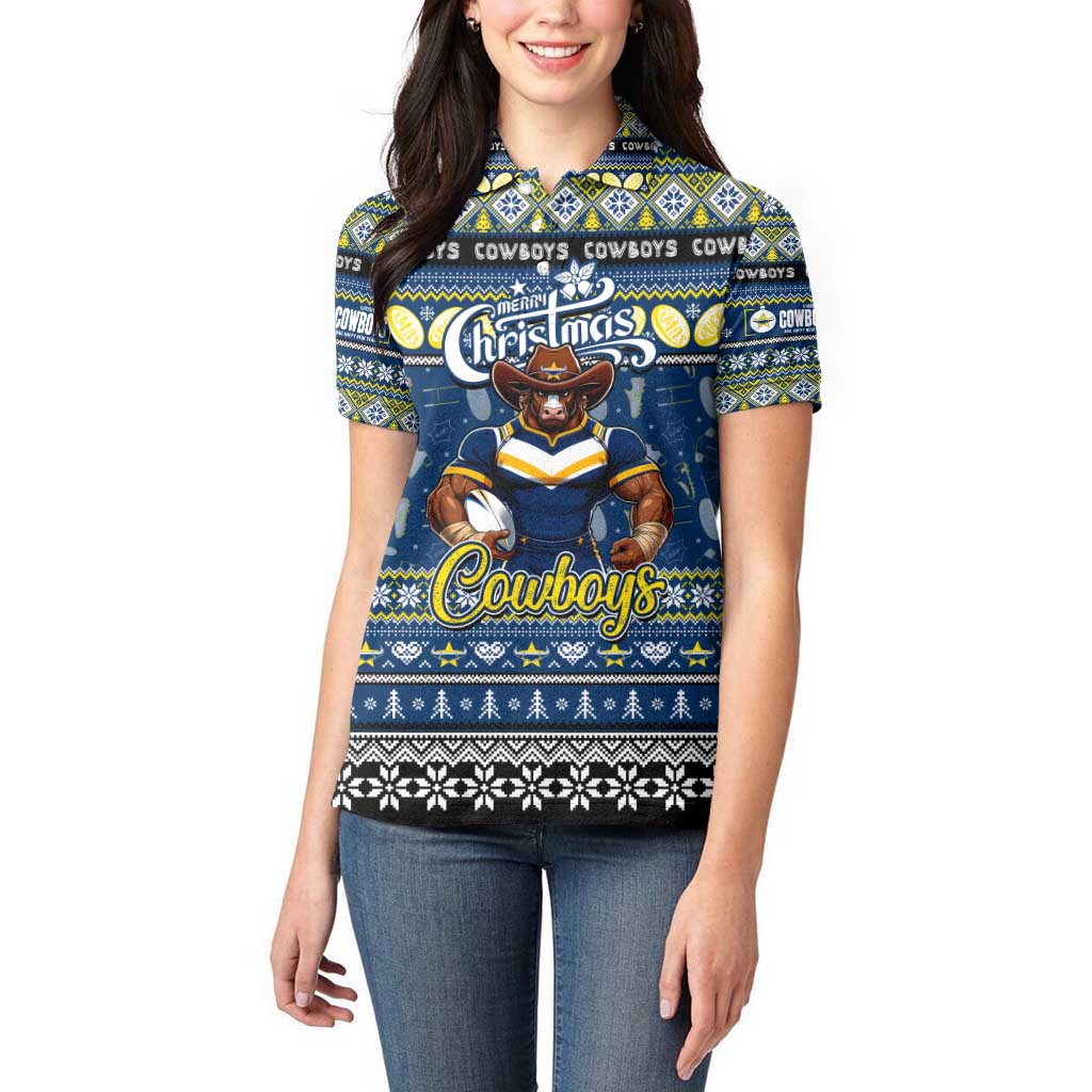 Personalized Cowboys Rugby Xmas Women Polo Shirt Australia NRL Mascot