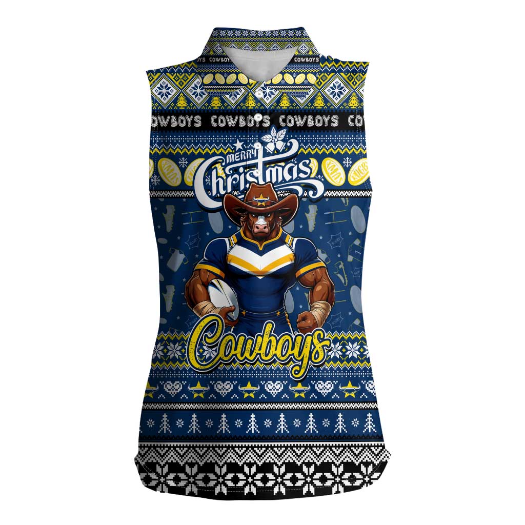 Personalized Cowboys Rugby Xmas Women Sleeveless Polo Shirt Australia NRL Mascot