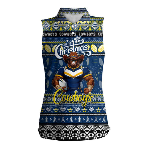 Personalized Cowboys Rugby Xmas Women Sleeveless Polo Shirt Australia NRL Mascot