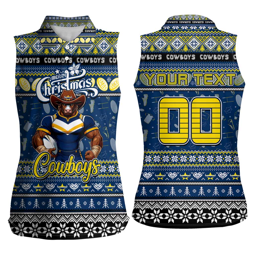 Personalized Cowboys Rugby Xmas Women Sleeveless Polo Shirt Australia NRL Mascot