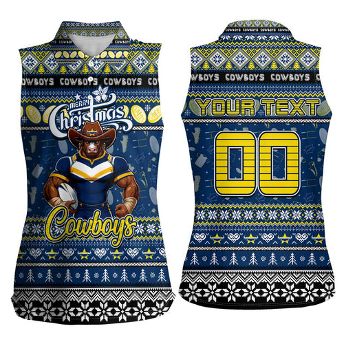 Personalized Cowboys Rugby Xmas Women Sleeveless Polo Shirt Australia NRL Mascot