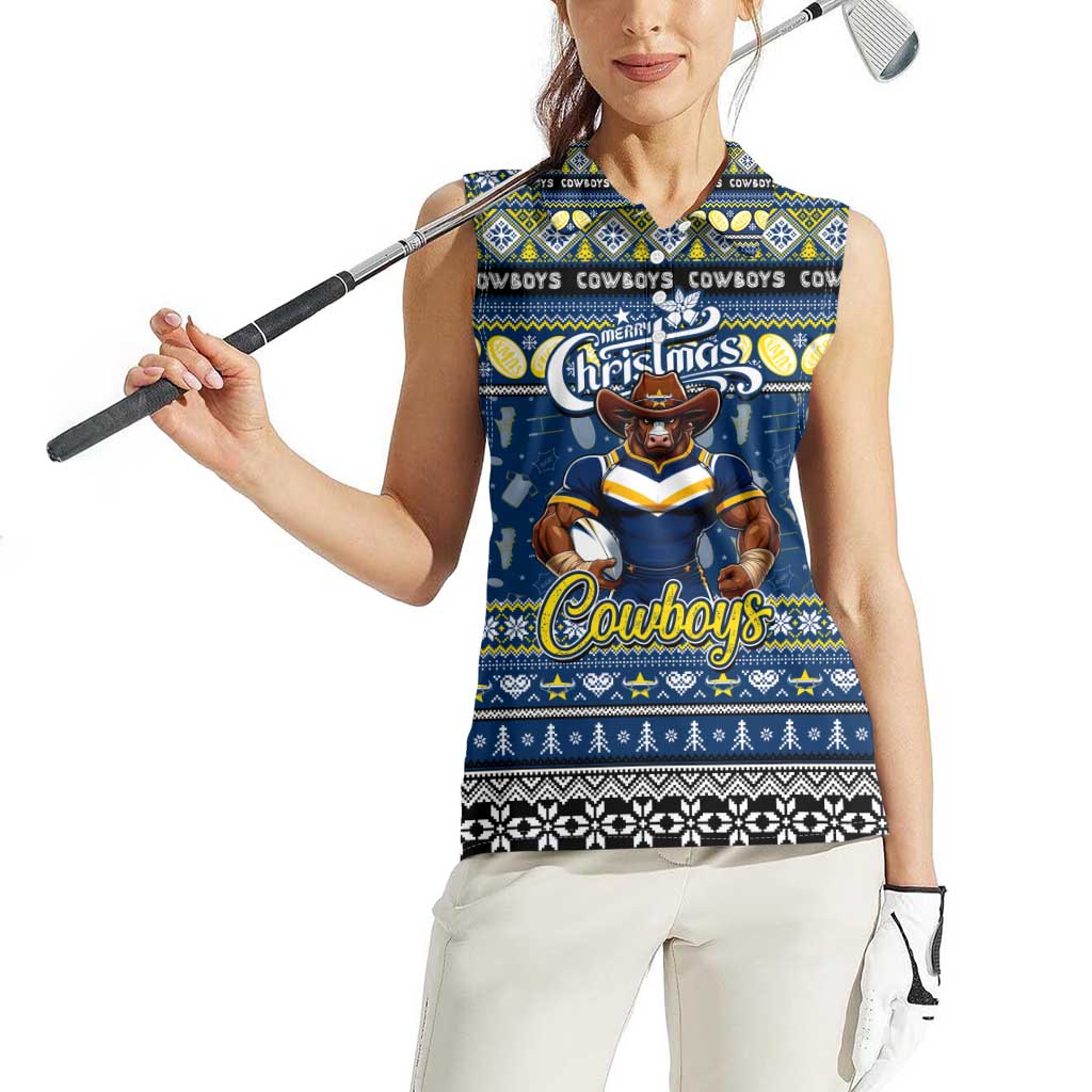 Personalized Cowboys Rugby Xmas Women Sleeveless Polo Shirt Australia NRL Mascot