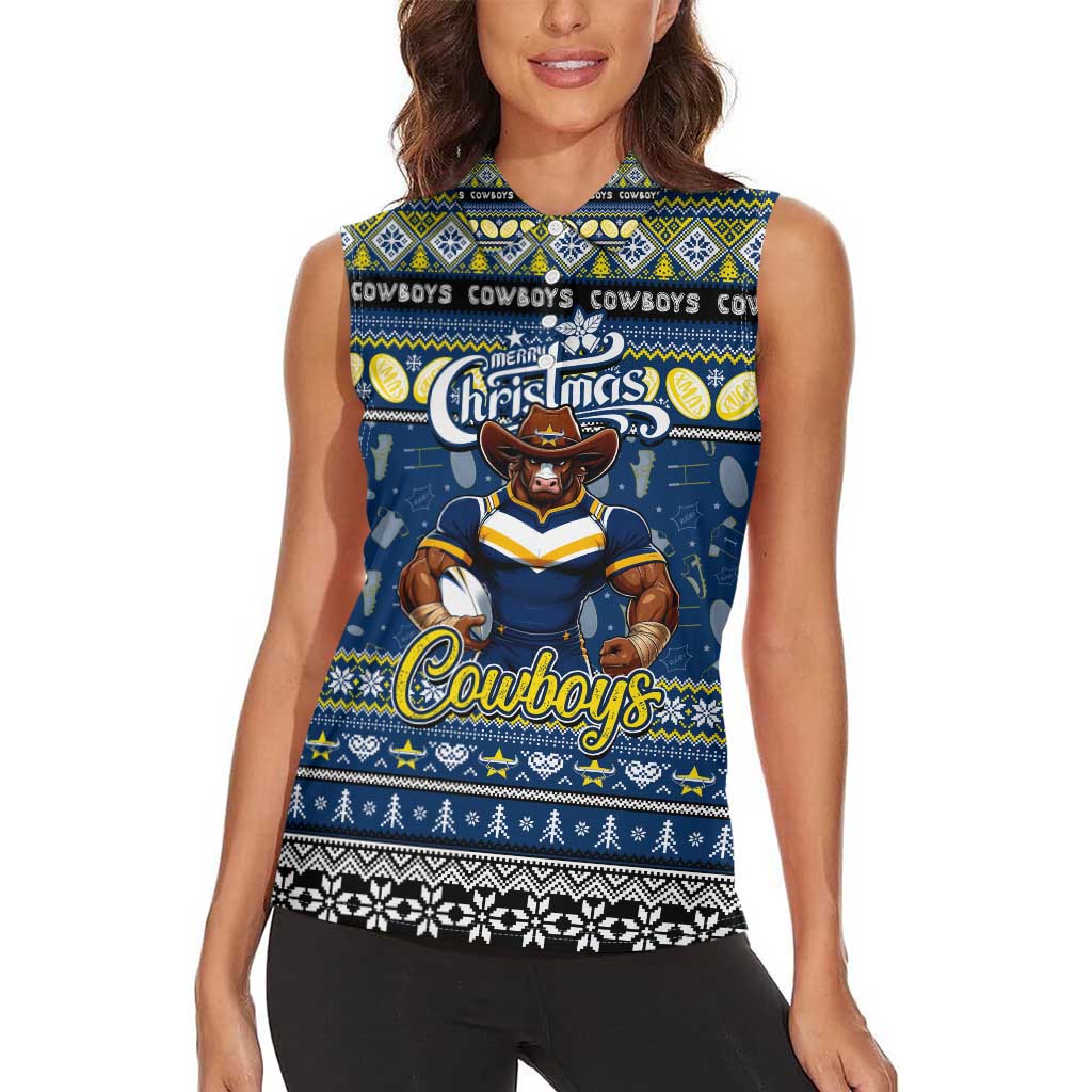 Personalized Cowboys Rugby Xmas Women Sleeveless Polo Shirt Australia NRL Mascot