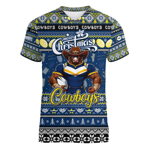 Personalized Cowboys Rugby Xmas Women V-Neck T-Shirt Australia NRL Mascot
