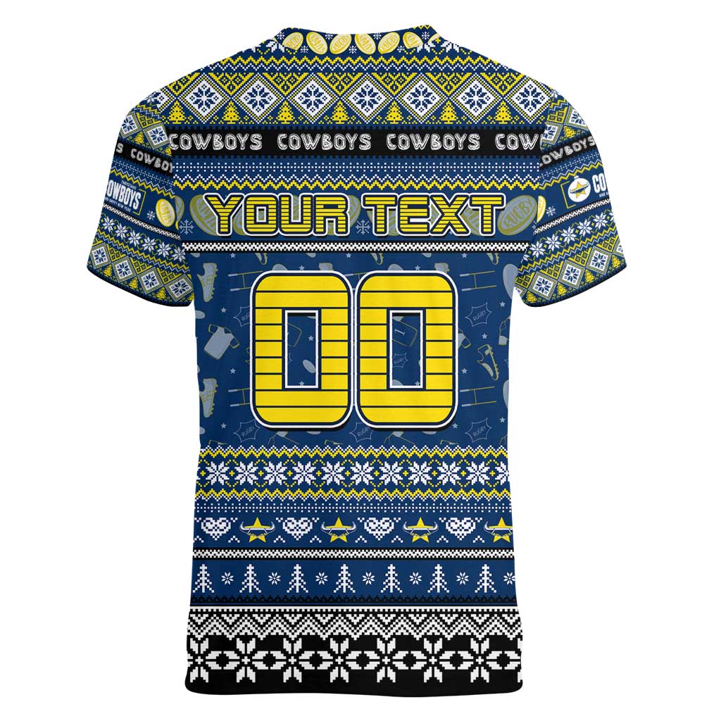 Personalized Cowboys Rugby Xmas Women V-Neck T-Shirt Australia NRL Mascot