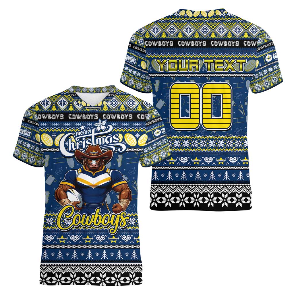 Personalized Cowboys Rugby Xmas Women V-Neck T-Shirt Australia NRL Mascot