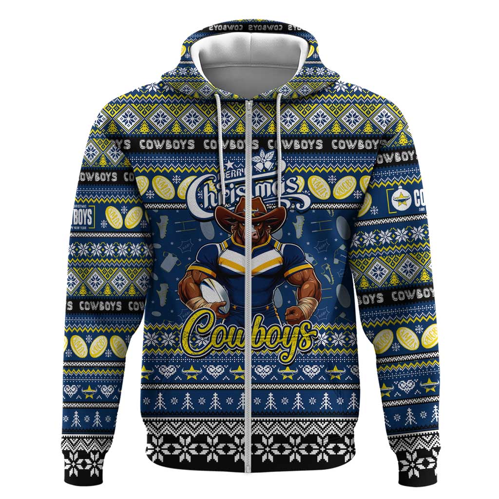 Personalized Cowboys Rugby Xmas Zip Hoodie Australia NRL Mascot