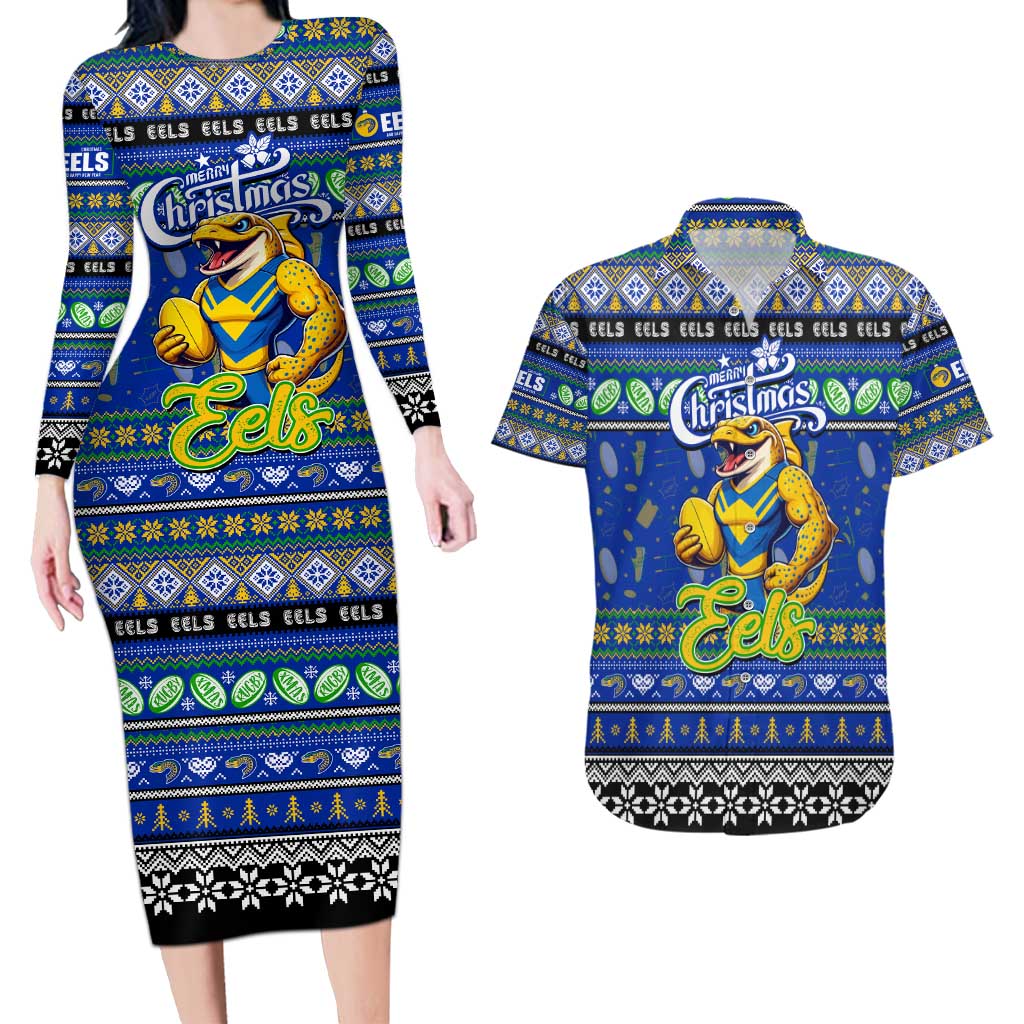 Personalized Eels Rugby Xmas Couples Matching Long Sleeve Bodycon Dress and Hawaiian Shirt Australia NRL Mascot