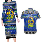 Personalized Eels Rugby Xmas Couples Matching Long Sleeve Bodycon Dress and Hawaiian Shirt Australia NRL Mascot