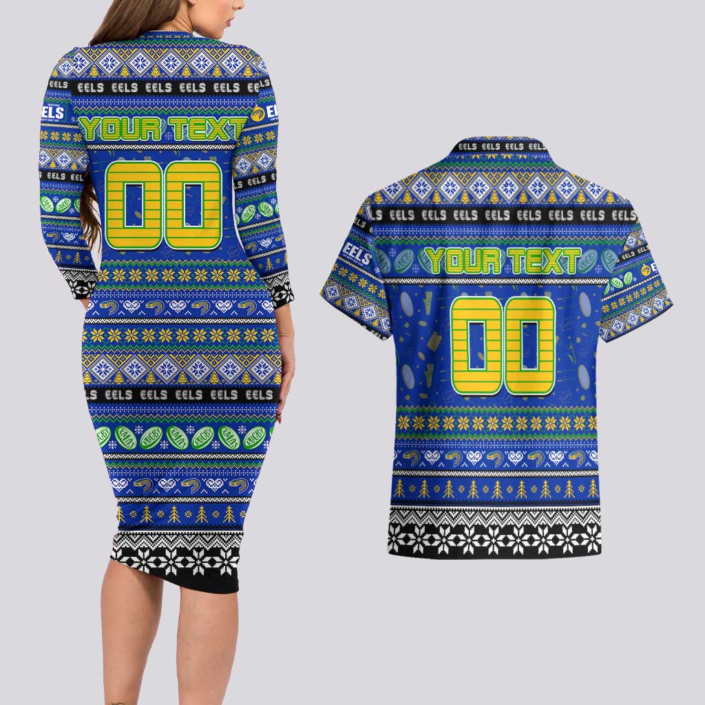 Personalized Eels Rugby Xmas Couples Matching Long Sleeve Bodycon Dress and Hawaiian Shirt Australia NRL Mascot