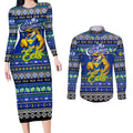 Personalized Eels Rugby Xmas Couples Matching Long Sleeve Bodycon Dress and Long Sleeve Button Shirt Australia NRL Mascot