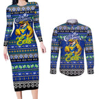 Personalized Eels Rugby Xmas Couples Matching Long Sleeve Bodycon Dress and Long Sleeve Button Shirt Australia NRL Mascot