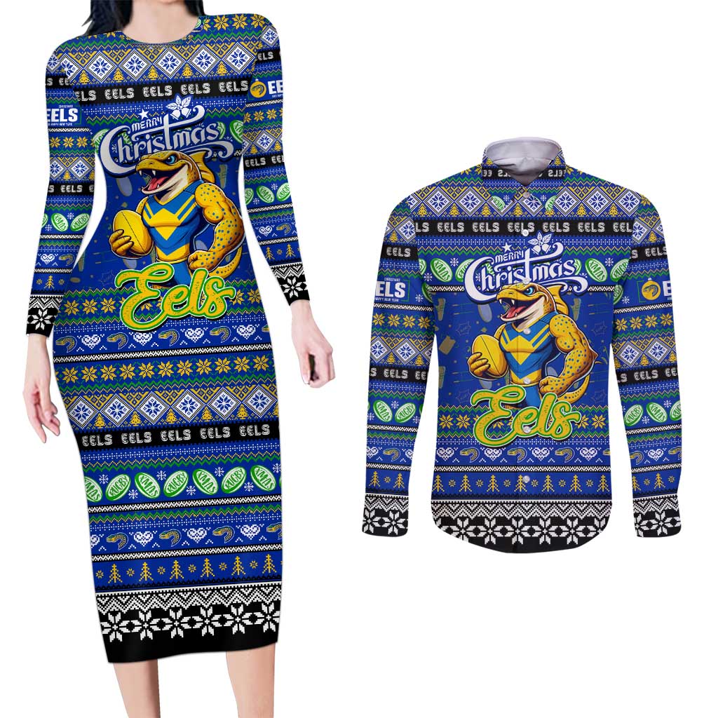 Personalized Eels Rugby Xmas Couples Matching Long Sleeve Bodycon Dress and Long Sleeve Button Shirt Australia NRL Mascot