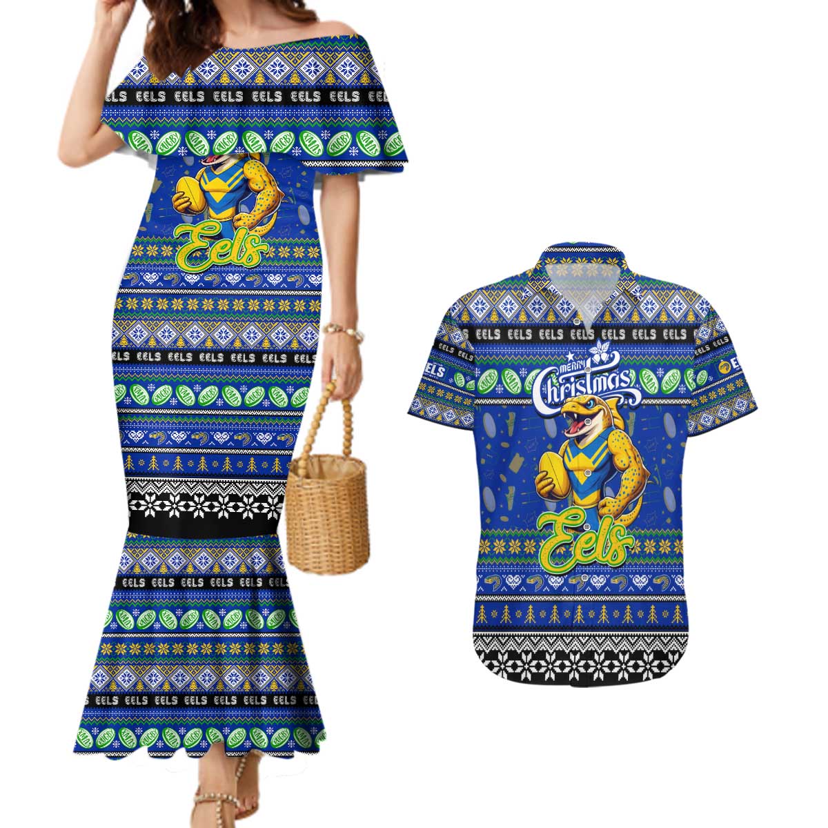 Personalized Eels Rugby Xmas Couples Matching Mermaid Dress and Hawaiian Shirt Australia NRL Mascot