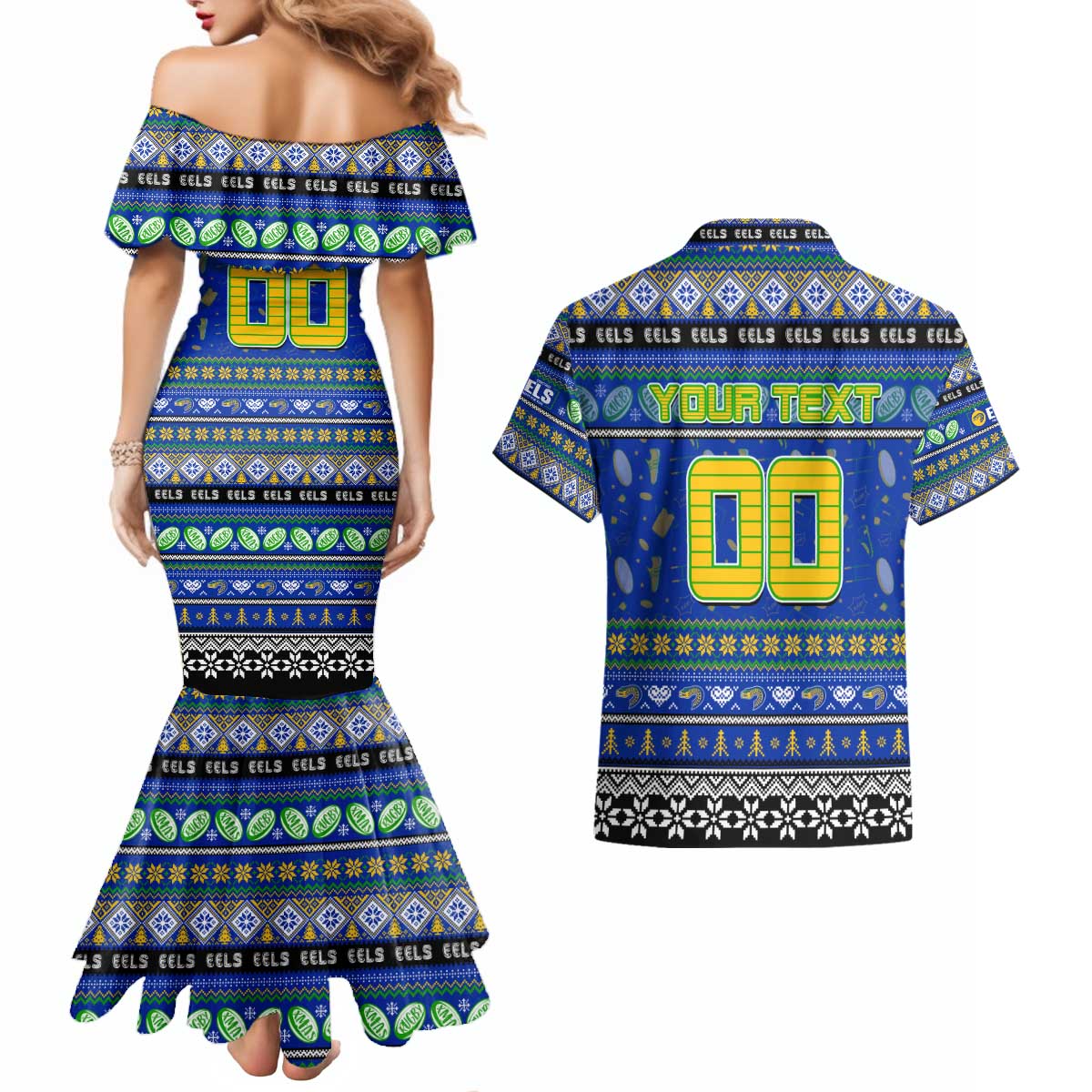 Personalized Eels Rugby Xmas Couples Matching Mermaid Dress and Hawaiian Shirt Australia NRL Mascot