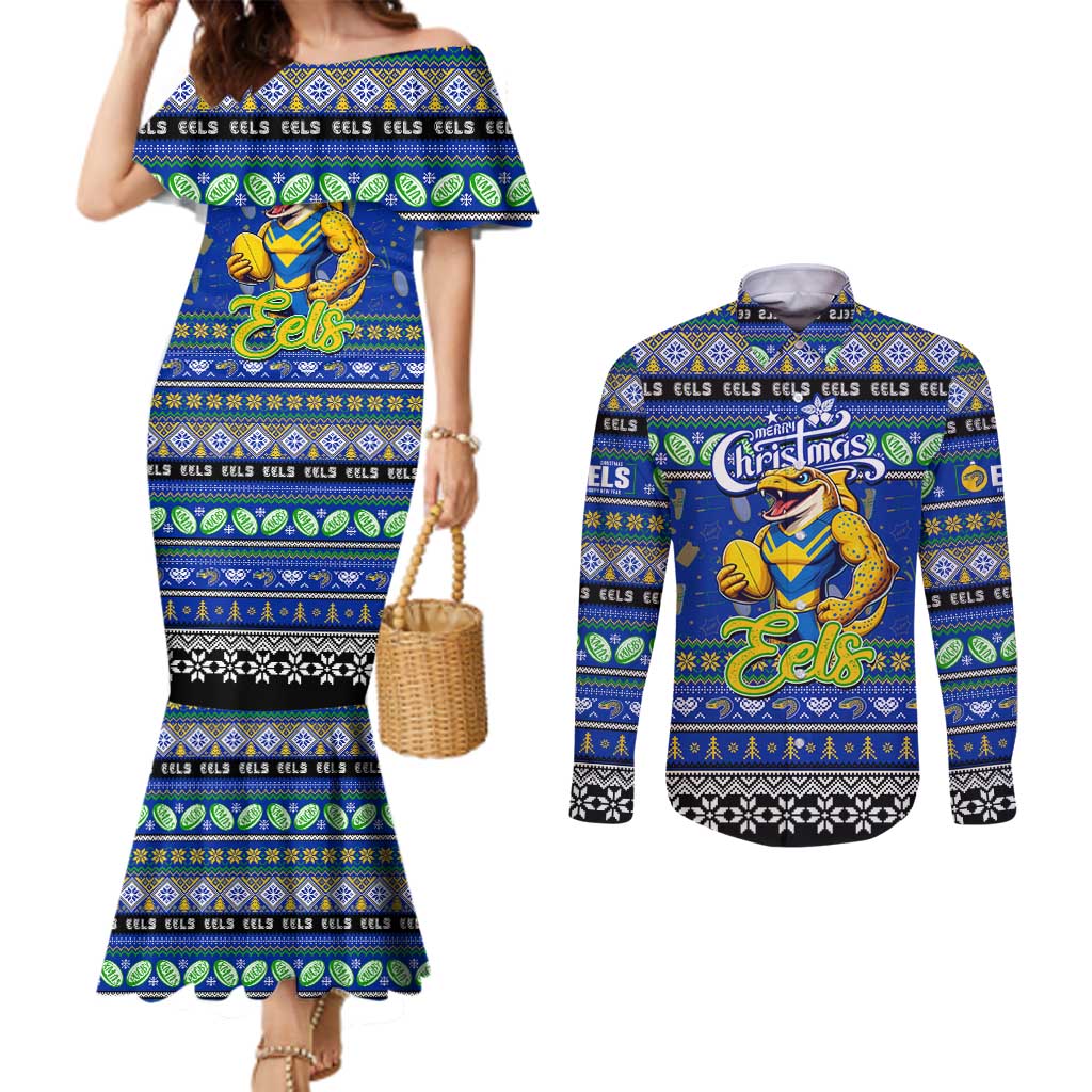 Personalized Eels Rugby Xmas Couples Matching Mermaid Dress and Long Sleeve Button Shirt Australia NRL Mascot