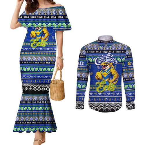 Personalized Eels Rugby Xmas Couples Matching Mermaid Dress and Long Sleeve Button Shirt Australia NRL Mascot