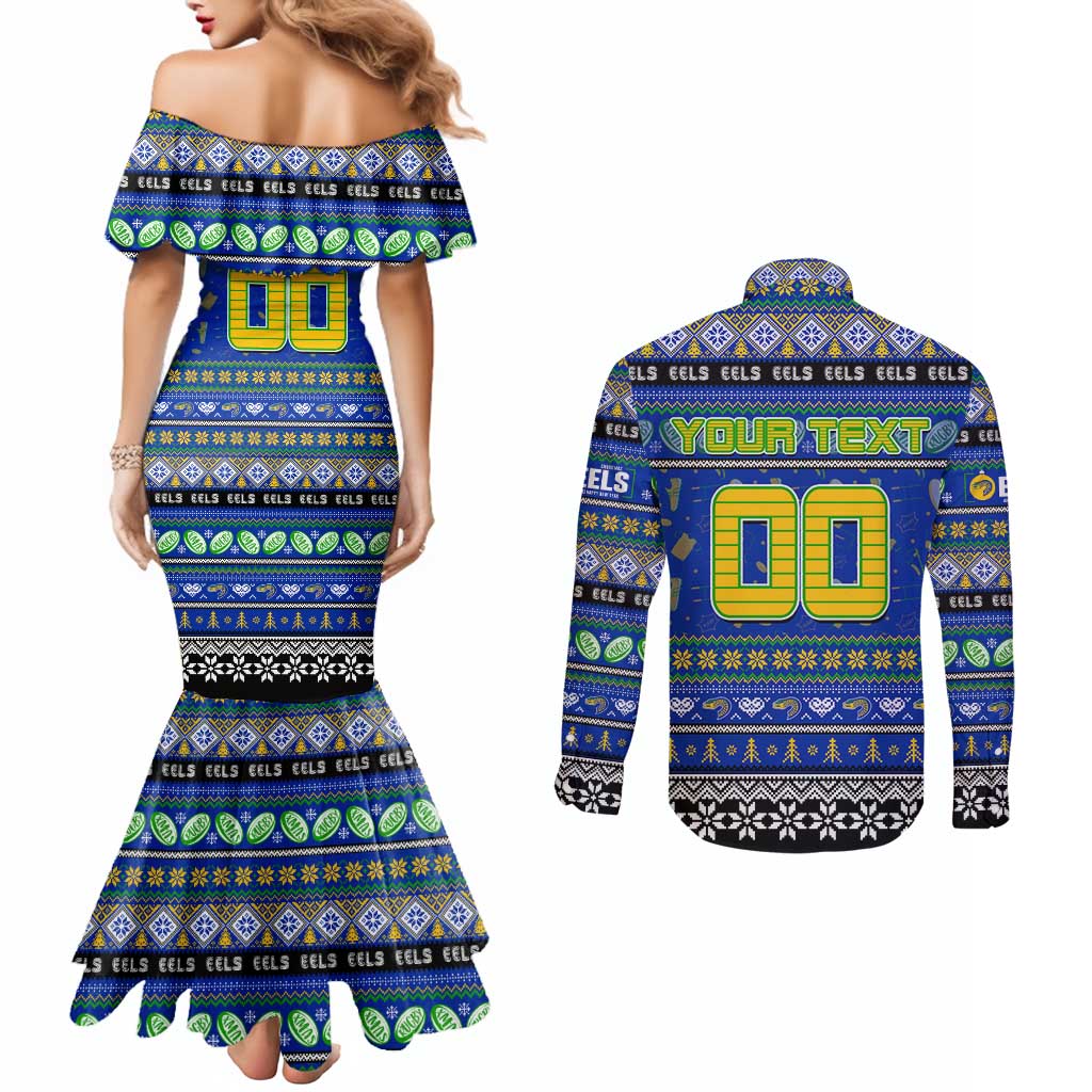 Personalized Eels Rugby Xmas Couples Matching Mermaid Dress and Long Sleeve Button Shirt Australia NRL Mascot
