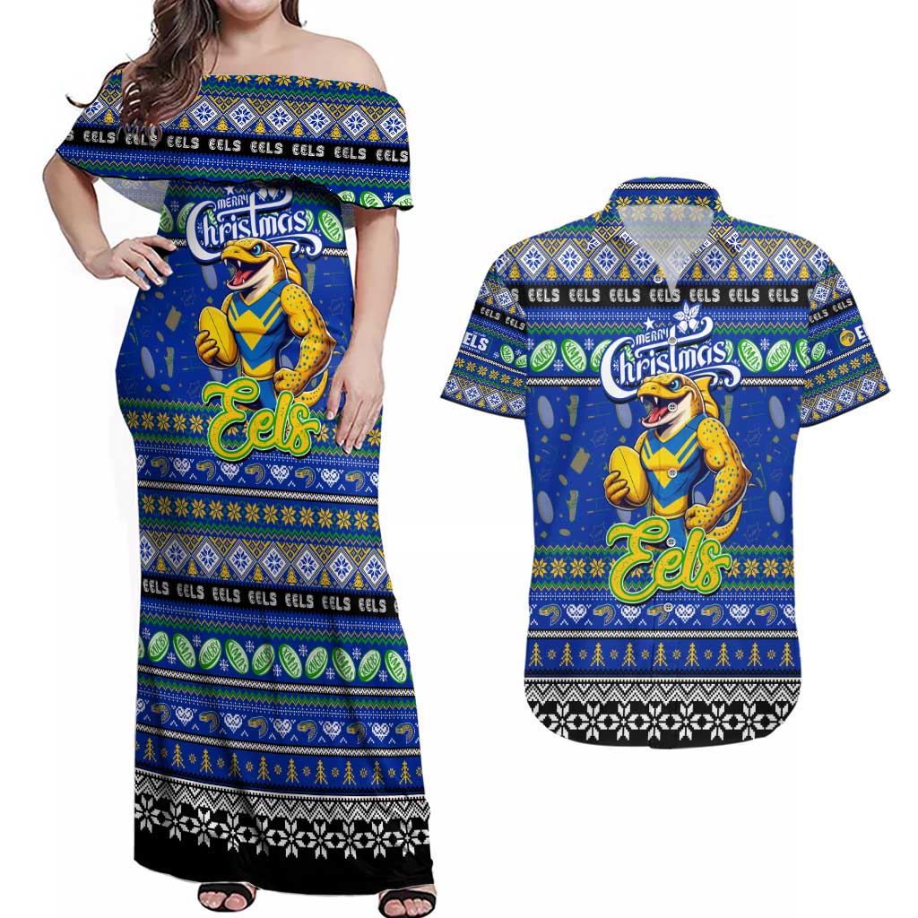 Personalized Eels Rugby Xmas Couples Matching Off Shoulder Maxi Dress and Hawaiian Shirt Australia NRL Mascot