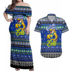 Personalized Eels Rugby Xmas Couples Matching Off Shoulder Maxi Dress and Hawaiian Shirt Australia NRL Mascot