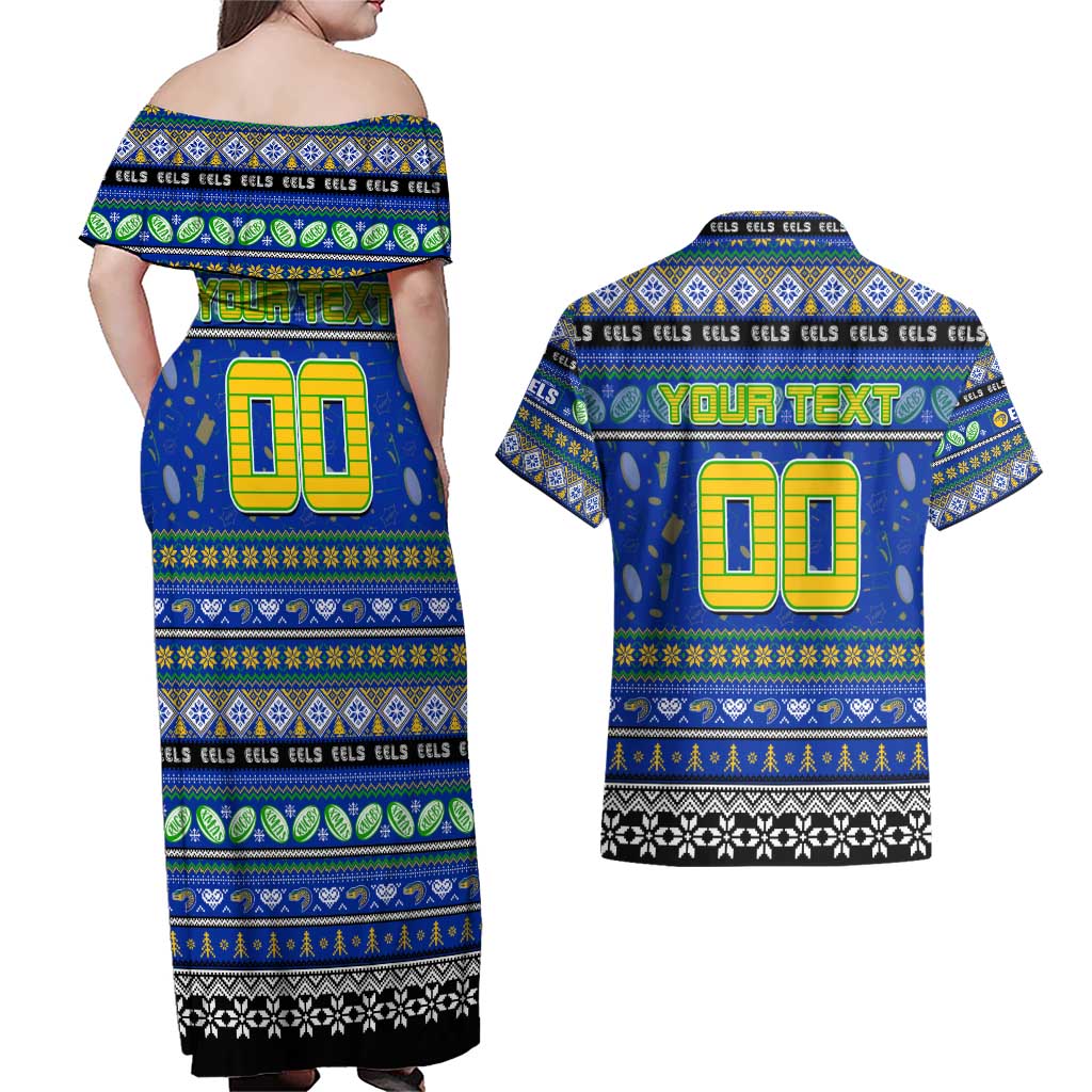 Personalized Eels Rugby Xmas Couples Matching Off Shoulder Maxi Dress and Hawaiian Shirt Australia NRL Mascot