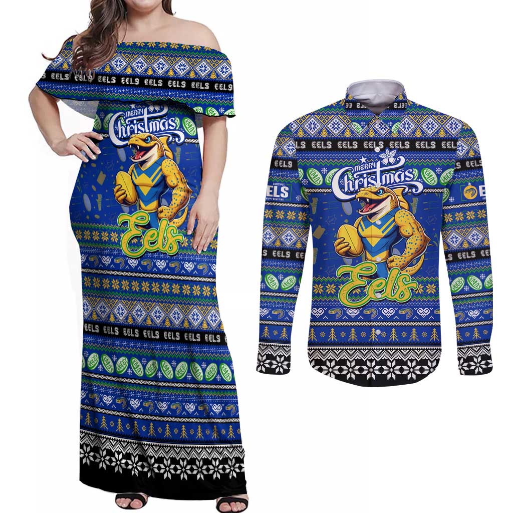 Personalized Eels Rugby Xmas Couples Matching Off Shoulder Maxi Dress and Long Sleeve Button Shirt Australia NRL Mascot