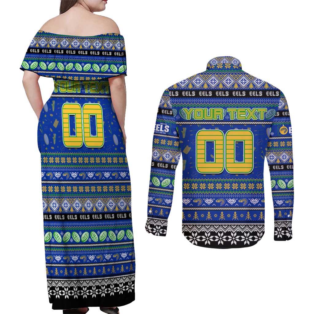 Personalized Eels Rugby Xmas Couples Matching Off Shoulder Maxi Dress and Long Sleeve Button Shirt Australia NRL Mascot