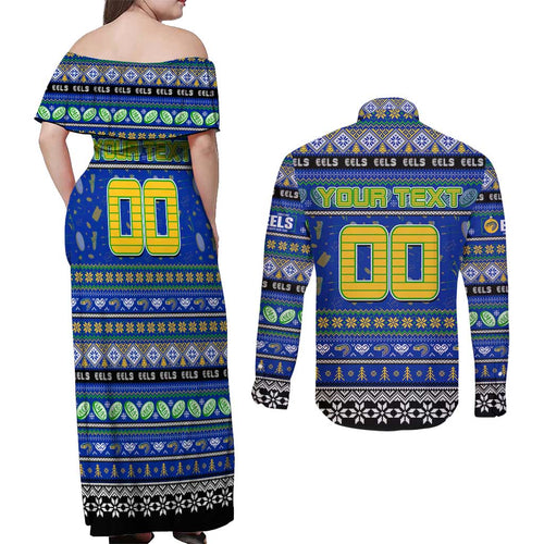 Personalized Eels Rugby Xmas Couples Matching Off Shoulder Maxi Dress and Long Sleeve Button Shirt Australia NRL Mascot