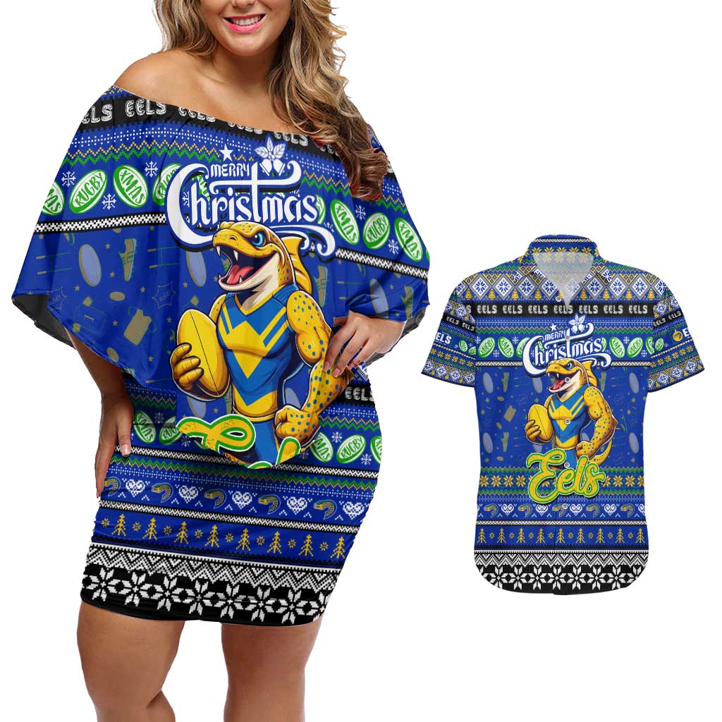 Personalized Eels Rugby Xmas Couples Matching Off Shoulder Short Dress and Hawaiian Shirt Australia NRL Mascot