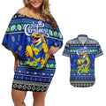 Personalized Eels Rugby Xmas Couples Matching Off Shoulder Short Dress and Hawaiian Shirt Australia NRL Mascot