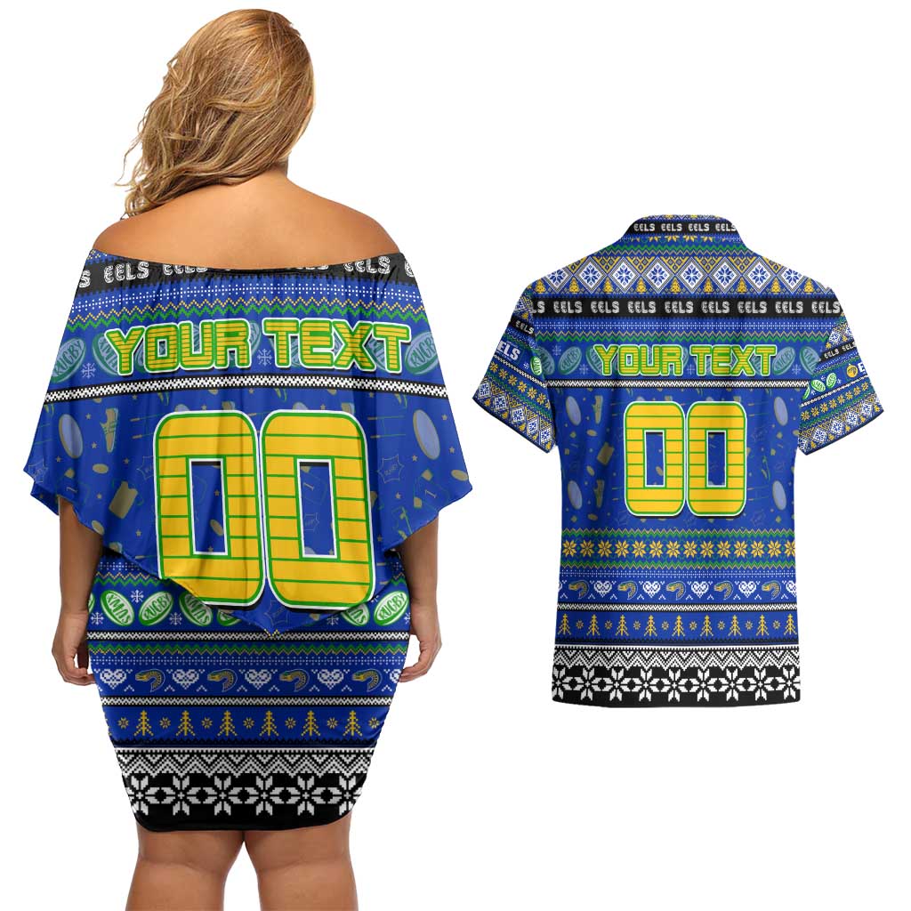 Personalized Eels Rugby Xmas Couples Matching Off Shoulder Short Dress and Hawaiian Shirt Australia NRL Mascot