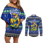 Personalized Eels Rugby Xmas Couples Matching Off Shoulder Short Dress and Long Sleeve Button Shirt Australia NRL Mascot