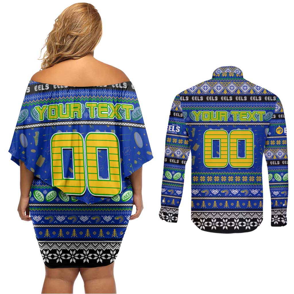 Personalized Eels Rugby Xmas Couples Matching Off Shoulder Short Dress and Long Sleeve Button Shirt Australia NRL Mascot