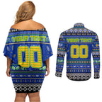 Personalized Eels Rugby Xmas Couples Matching Off Shoulder Short Dress and Long Sleeve Button Shirt Australia NRL Mascot