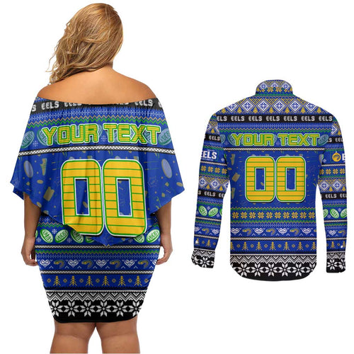 Personalized Eels Rugby Xmas Couples Matching Off Shoulder Short Dress and Long Sleeve Button Shirt Australia NRL Mascot