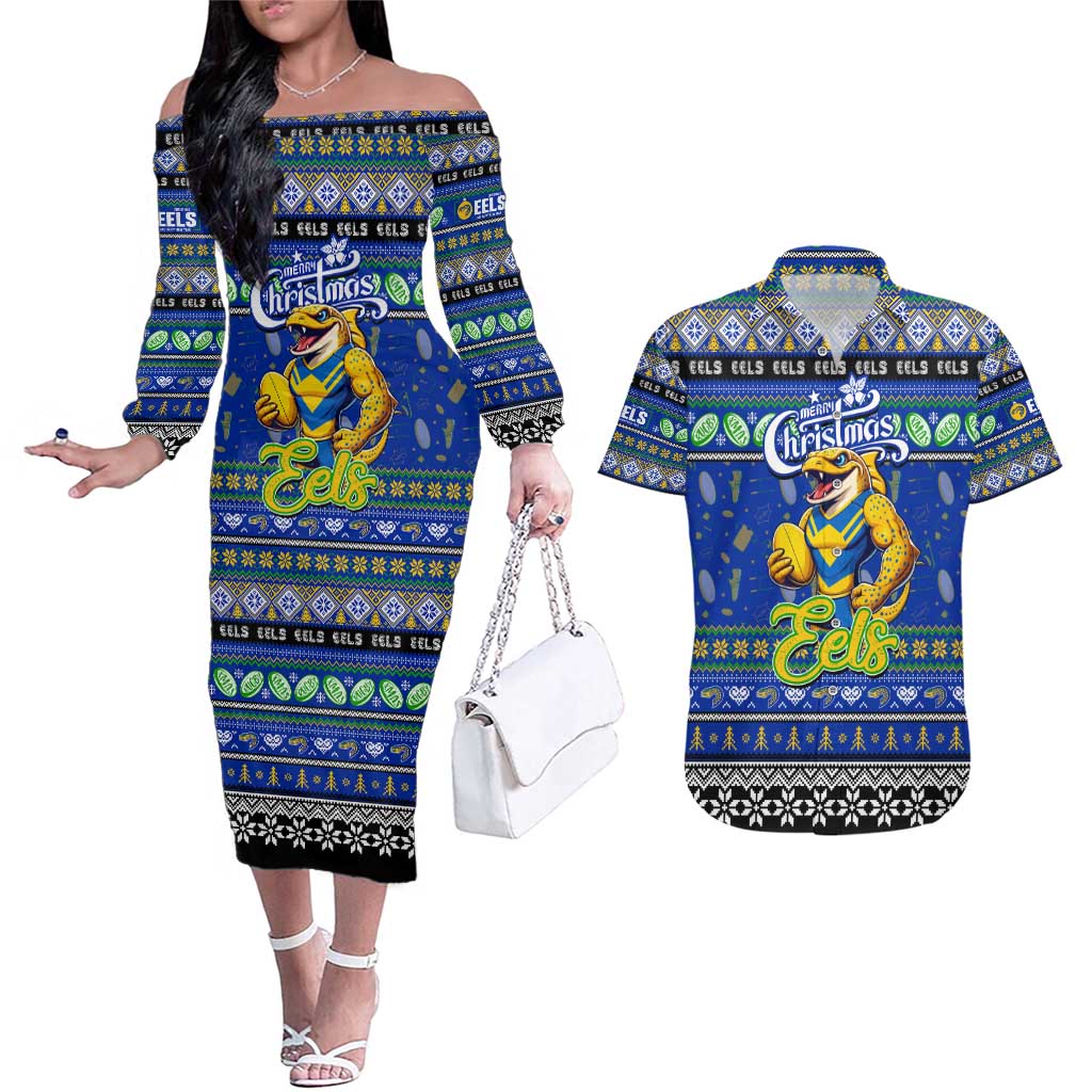 Personalized Eels Rugby Xmas Couples Matching Off The Shoulder Long Sleeve Dress and Hawaiian Shirt Australia NRL Mascot