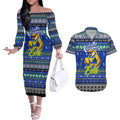 Personalized Eels Rugby Xmas Couples Matching Off The Shoulder Long Sleeve Dress and Hawaiian Shirt Australia NRL Mascot