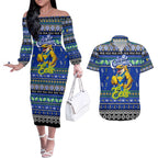 Personalized Eels Rugby Xmas Couples Matching Off The Shoulder Long Sleeve Dress and Hawaiian Shirt Australia NRL Mascot